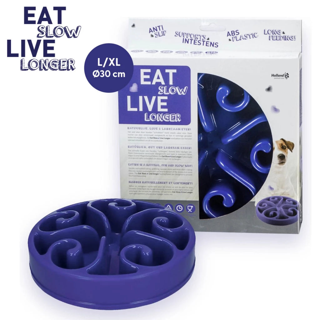 Anti-schrok voerbak Eat Slow Live Longer Original Blauw